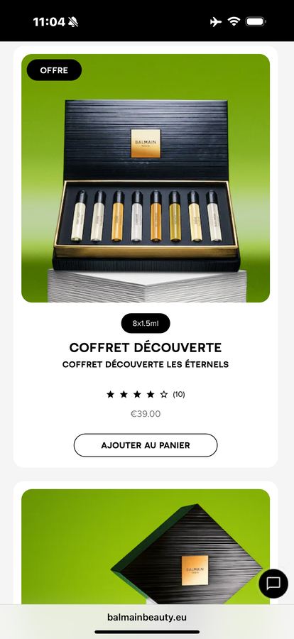 Balmain Beauty product page, discovery coffret