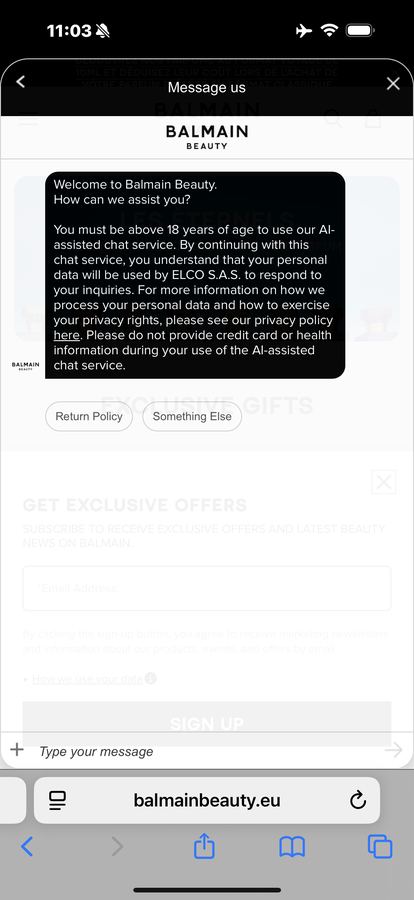 Balmain Beauty customer service messaging channel